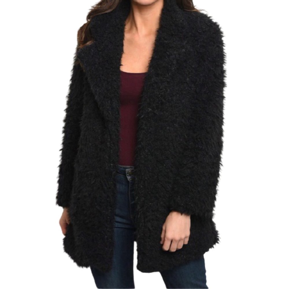 Shaggy Black Faux Fur Collared Coat